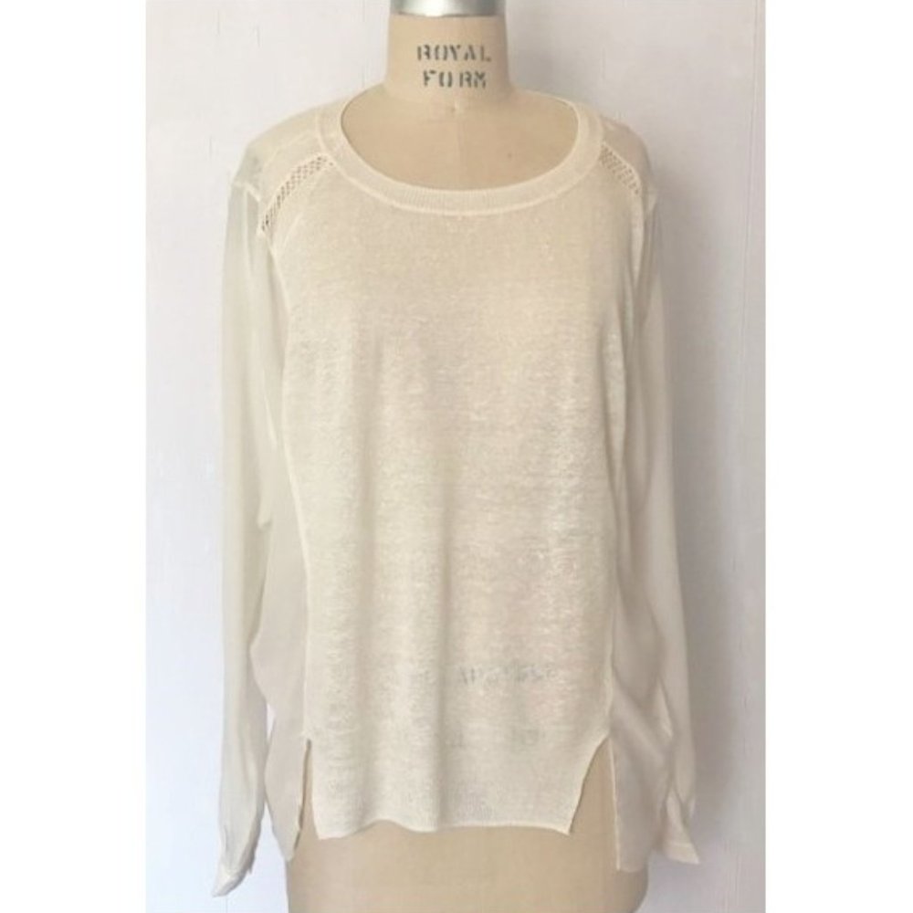 H&M CREAM FINE KNIT MIXED MEDIA CHIFFON SLEEVE LINEN BLEND SWEATER 12 NWT